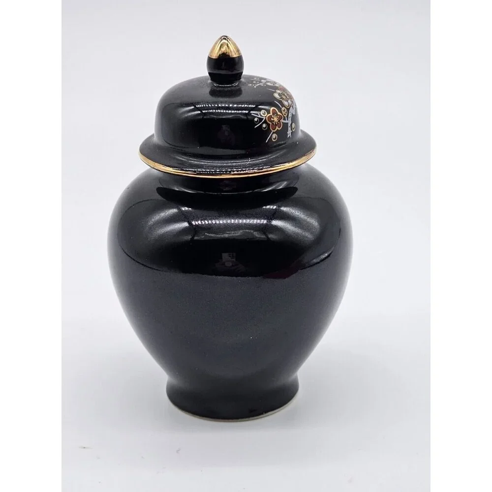 Asahi Japan Vase Black Floral Porcelain Peacock Ginger Jar Urn with Lid